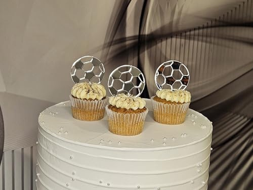 X10 Acrylic Football Ball Silver Mirror Cake Toppers Acrylic Soccer Ball Cake Toppers Decorations