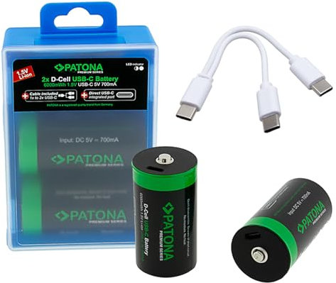 PATONA 2x Premium batterie LR20 Mono D USB-C 6.0Wh 1.5V Battery ricaricabili, cavo di ricarica USB-C 1-a-2, oltre 1.000 cicli di carica, per fotocamere, telecomandi, torce e altro