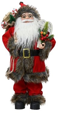 Kaemingk Traditional standing santa - father christmas figure - 30cm christmas figurine - plain red fur trim coat holding sack and canadian snowshoes - indoor standing santa decoration.