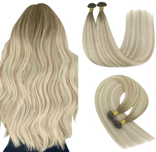 YoungSee 60 cm Echthaar Extensions Bondings Ombre Extensions Echthaar Bondings Hellblond Ombre Platinblond Bonding Extensions Echthaar 1g/s Keratin U Tip Echthaar K Tip Extensions 50g SUN