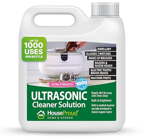HouseProud Ultrasonic Cleaner Solution – 1L Concentrated Formula for Jewellery, Dentures, Glasses & More – Up to 1000 Uses – Professional-Grade Cleaning Liquid with Water Softener & Brightener