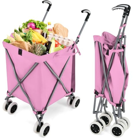 COSTWAY 90L Folding Shopping Trolley, 8-Wheel Large Utility Push Cart with Removable Waterproof Bag and Cover, Metal Lightweight Rolling Grocery Trolley for Mobility (Pink)