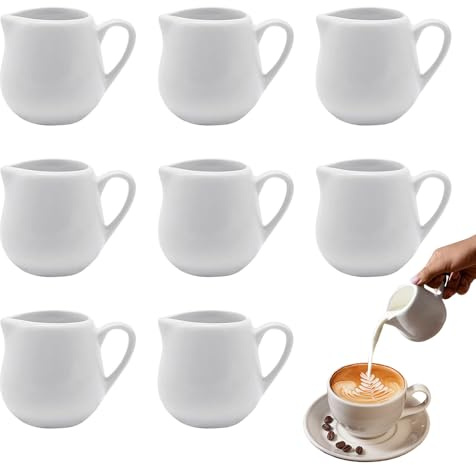 8PCS Small Milk Jugs, 110ML White Milk Jug Small, White Ceramic Mini Milk Jug Without Handle, Gravy Jugs, Sauce Jug, Sauce Pots, Mini Milk Creamer Pitcher for Milk, Coffee, Tea, Sauces