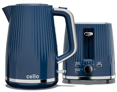 Cello Blue Breakfast Bundle: 1.7L 3000W Rapid Boil Kettle with Auto Shutoff, Cordless & Washable Filter | 850W 2 Slice Toaster with Wide Slots, 7 Browning Levels, High Lift & Illuminated Controls