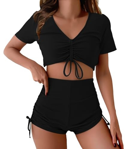 2-delad baddräkt för kvinnor damer v-ringad kortärmad delad strand bikini varm vår dam tankini