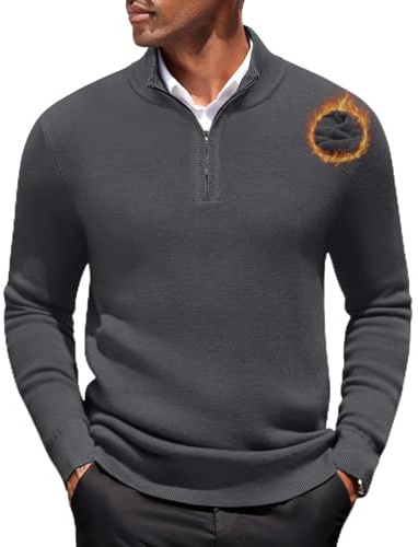 COOFANDY Maglione da Uomo con Zip a Un Quarto Maglione a Collo Alto Foderato Pullover Invernale in Maglia Pullover Caldo da Lavoro Grigio Scuro M