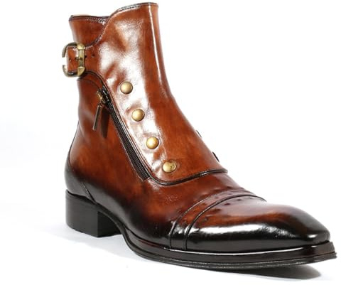 LMUIPMAA Botín de Tobillo para Hombre con Cremallera Punta Puntiaguda Botas de Montar para Motocicleta Hebilla Remache Brogue Botines,Marrón,43 EU