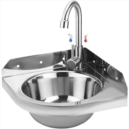 Spülbecken Edelstahl Küchenspüle 1 Becken Waschbecken Wandmontage mit Wasserhahn Kalt-/Warm,Dreieckige Eck Handwaschbecken,Ausgussbecken für Küchen Badezimmer Gäste-WC Wohnmobil,Leicht zu reinigen