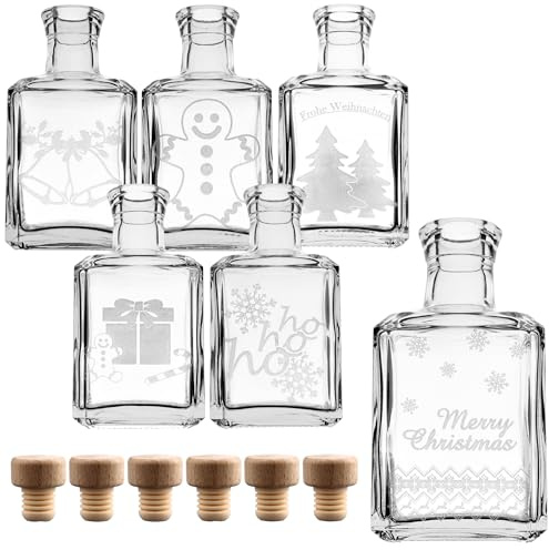 gouveo Set of 6 Glass Bottles 250 ml Cube Christmas Mix with 6 Designs and Corks (HGK) - Empty Bottles for Filling and Gifting (CFET250XMAS6HGK)