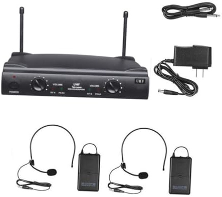 DECOMELODY Sistema Inalámbrico de Micrófono UHF Dual con Transmisores de Cuerpo y Micrófonos de Diadema para Karaoke y Eventos Alcance hasta Salidas XLR y Audio Profesional