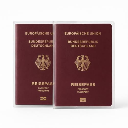 GHADA Reisepasshülle Transparent 2er Set – Made in Germany – Passhülle für Deutschen & EU Reisepass, Schutzhülle aus robustem Kunststoff, wasserdicht & Kratzfest – Reise Zubehör