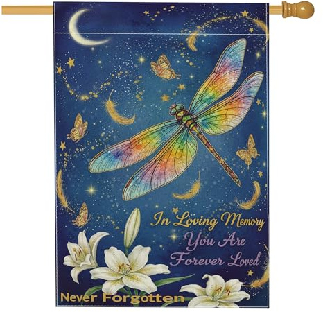 Bandera conmemorativa de casa de libélula, mariposa conmemorativa de lirio azul, arpillera azul, doble cara, bandera de jardín grande para patio al aire libre, entrada, campamento, 28 x 40 pulgadas