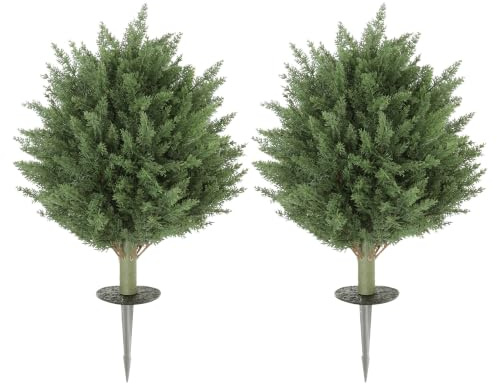 HOMCOM Set of 2 60 cm Artificial Cypress Topiary Tree UV Resistant, Green | Artificial Plant, Ground Stake, Fake Plant for Indoor, Outdoor, Front Porch, Home Decor