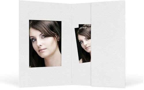 Schoeller & Stanzwerk© - 100 Stück Bewerbungsbildmappen für 4,5x6 cm - weiß mit Filzprägung - mit Tasche und Ausschnitt