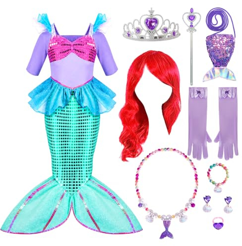 Spooktacular Creations sjöjungfrukostym, flickor, sjöjungfruklänning, prinsessklänning med röd peruk, pannband, karneval, fest, halloween, jul eller cosplay
