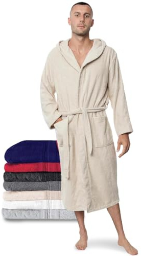 Twinzen Herrbadrock - 100% Bomull Med Huva,M Beige - Oeko-TEX®-certifierad - Frottébadrock 2 Fickor, Bälte - Mjuk, Absorberande och Bekväm