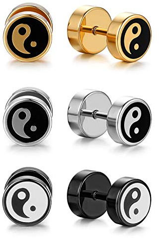 Flongo 3 Paia Orecchini da Uomo Donna 8mm Piccoli Orecchie Tappi Yin Yang Tai Chi Orecchini Hip Hop, Orecchini in Acciaio Inossidabile Regalo di Natale San Valentino
