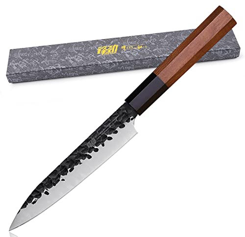 FINDKING Küchenutensilien-Messer, Japanisches Mehrzweck-Schneidemesser, Klinge aus hohem Kohlenstoffstahl, Achteckiger Holzgriff, Klein, für Obst und Gemüse, 11CM Klinge (Dynastie-Serie)