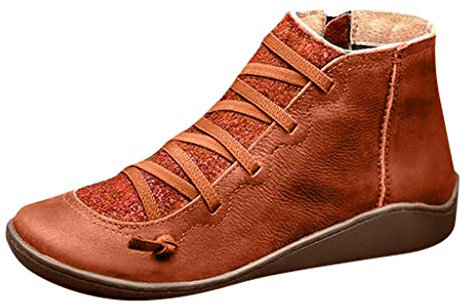 Yowablo Stiefeletten Stiefel Damen Lässig Flache Leder Retro Schnürstiefel Seitlicher Reißverschluss Runde Schuhspitze (39 EU,5- Braun)