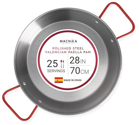 Machika Paellera de acero al carbono de 28 pulgadas, sartén grande de acero pulido de 70 cm de España, ideal para fiestas de paella en interiores, exteriores, camping y más, Paellera española