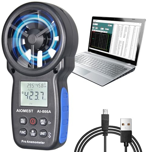 HVAC CFM Anemometer, AIOMEST Handheld Air Flow Meter Measuring Wind Speed/Airflow Velocity, Test Air Volume,Temperature, Humidity, Digital CFM Tester AI-866A with Real-Time USB Sync to PC