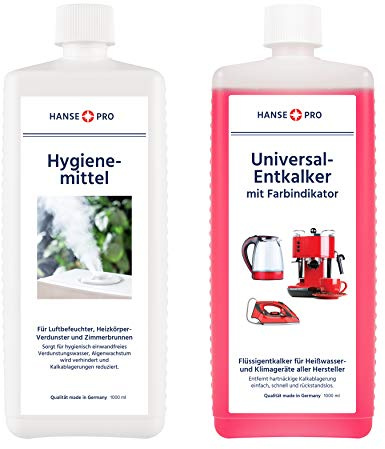 HANSE PRO Pflege-Set für Luftbefeuchter und Luftwäscher, 2 x 500 ml I Hygiene-Mittel I hält Verdunstwasser hygienisch einwandfrei I Universal-Entkalker I gegen Wiederverkalkung