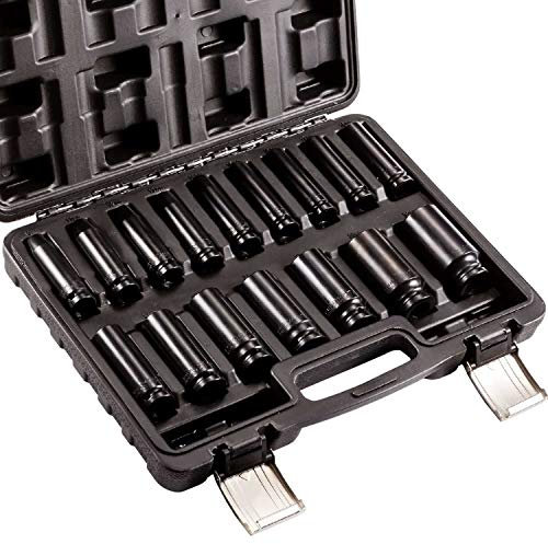 Impact Socket Set 1/2 inch Square Drive Metric 16pcs 10-32mm Long Socket Set Impact Wrench Socket Set 6 Point with Black Strong Case