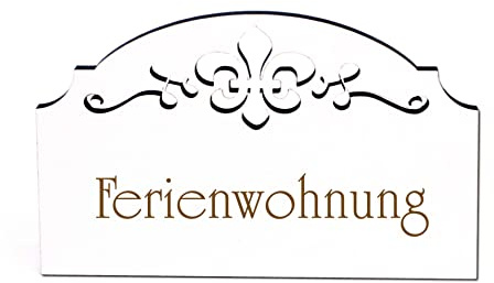DEKO-LANDO Ferienwohnung Türschild Schild Holz graviert Ornamente selbstklebend Vintage Fewo Türdeko 15,5 x 9,5 0,5 cm, Weiß