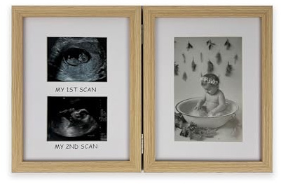 pf+a REAL GLASS Neutral Oak Baby Scan Photo Frame 3 Picture - Frame For 1st, 2nd Scans and 6x4 Photograph
