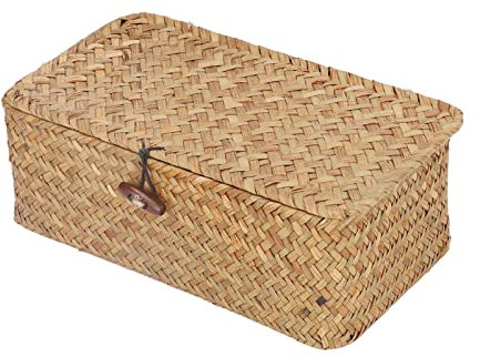 Akozon Cestini Portaoggetti Rettangolari Intrecciati con Cesto Portaoggetti in Alghe Naturali con Coperchi Organizzatori da Scrivania (M)