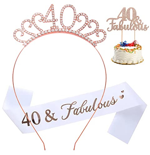 Leixi 40 & fantastiska skärp och strass tiara tårtdekoration set, fantastiska födelsedagspresenter, roséguld födelsedagsskärp/tiara för kvinnor 40:e födelsedagsfest dekoration (roséguld 40:e år)