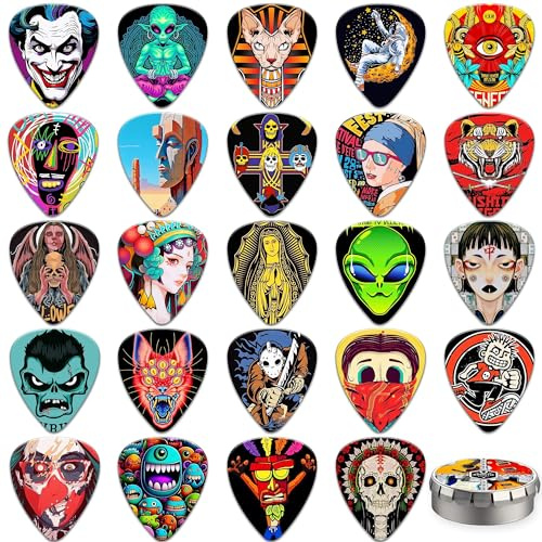 Guitar Picks,24 Pack Guitar Plectrums Thin, Medium, Heavy/Hard Picks with Tin Box,Personalised Plectrums for Acoustic,Bass,Electric Guitar Includes 0.46mm 0.71mm 0.96mm 1.2mm(Mix-5)
