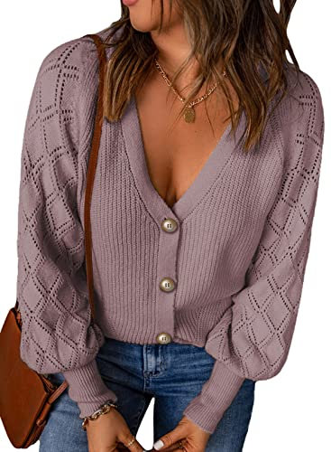 Dokotoo Strickjacke Damen V-Ausschnitt Cardigan Elegant Einfarbig Kurz Strickmantel Pullover Herbst Winterjacke Strickpullover Jacke, violett, M