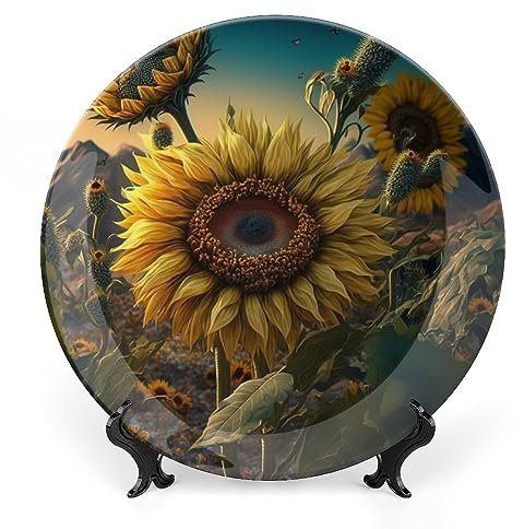 Platos decorativos para colgar en la pared, plato de cerámica de jardín de girasol, placa tambaleante con soporte de exhibición, decoración del hogar para armarios de cocina, bandeja redonda de granja