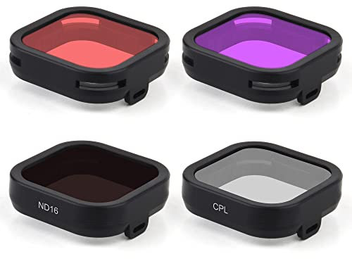 GEPULY 4-Pack Camera Lens Filter Kit for GoPro Hero 12/11/10/9 Black: CPL, ND16, Red, Magenta Filters, Plastic Material, CPL/ND16/Red/Magenta Colors