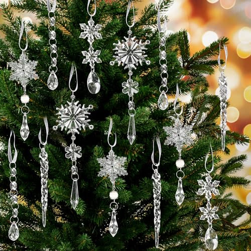 Qpout 18pcs Crystal Christmas Ornaments Christmas Tree Decoration Hanging Acrylic Christmas Snowflake Icicle Drop Crystal Ornaments Pendants for Christmas Tree New Year Party Winter Supplies