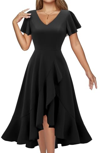 DRESSTELLS Women's Cocktail Dresses 2026, Black Formal Vintage Graduation Wedding Guest Tea Party Modest Funeral V Neck Fit and Flare Easter Summer Dress Black XL