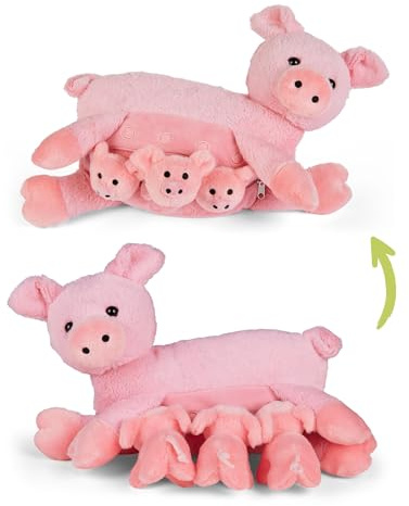 Mamanimals Schwein Kuscheltier mit 3 Baby Schweinen, Babys im Bauch mit Reißverschluss verstaubar, magnetische Zitzen zum Säugen, hochwertiges Plüschtier Set für Kinder