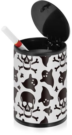 Totenkopf Geister Happy Halloween Schwarz Rauchfreier Aschenbecher für Zigaretten mit Deckel Edelstahl Tragbares Autozubehör Rauchfreier Aschenbecher für Auto Büro LKW