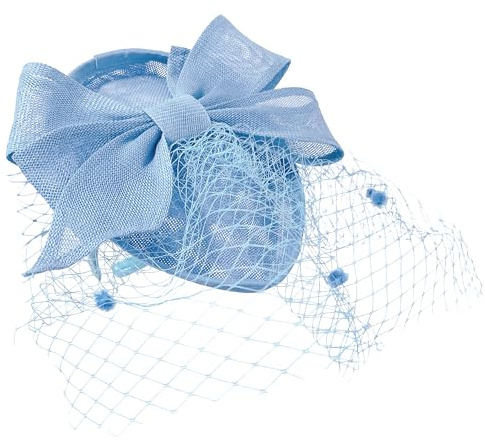 Caprilite Teardrop Pointed Pillbase Large Bow Fascinator with Birdcage Veil on Headband UK (Baby Blue Pastel Blue). Fascinator on Headband.