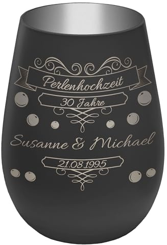 Windlicht mit Gravur ''30 Jahre Perlenhochzeit'' - Schwarz/Silber - Glas Teelichthalter personalisierbar mit Wunschtext - Geschenk zu Hochzeit Jahrestag Jubiläum