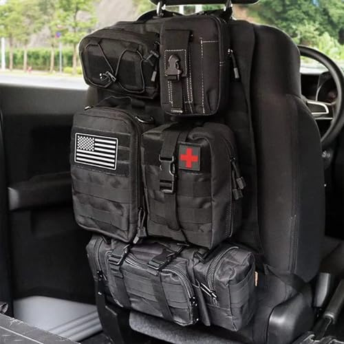 SH-RuiDu Tactical Car Seat Back Organiser, Universal Molle Vehicle Panel Car Backrest Kick Protector Van Seat Organizer with 5 Detachable Molle Pouches for All Cars Trucks SUVs Vehicles (Black)