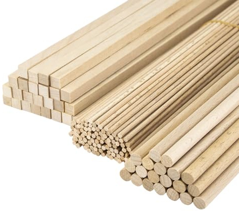 MCE-Commerce A509901145 Lot de 20 100 25 baguettes en bois, longueur 30 cm, en 3 tailles, naturelles, multicolores, Ø 8 mm, Ø 3 mm, carrées, 8 x 8 x 8 mm