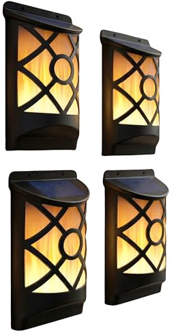 GEEZY Flame Effect Solar Wall Lights, Set of 4 - Wall Mounted LED Torch Lamp with Flickering Flame - Water & Weatherproof Auto Dusk to Dawn Outdoor Lighting for Garden, Fence, Patio & Alley