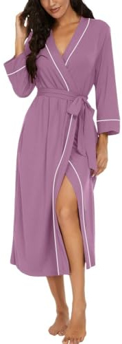 PrinStory Bademäntel Damen Leichter Kimono Roben 3/4 Ärmeln Damen Morgenmäntel Lange Nachtwäsche Lässig Loungewear Saunamantel (Violett Rot, L)
