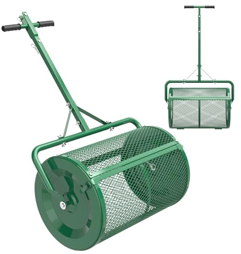 Seeutek Compost Spreader - 24 Peat Moss Spreader with 3 Heights, Top Soil Spreader W/Upgraded Side Latches Support Rod Powder Coated Metal Mesh Top Dressing Spreader for Lawn, 2 Way Uses-Push or Tow