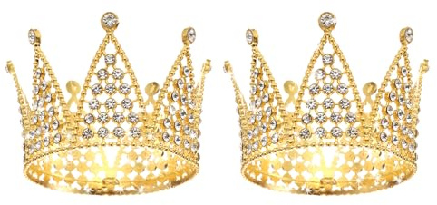 sourcing map 2Pcs Mini Crown Cake Toppers, Alloy Queen Princess Little Gold Crown Tiara Cupcake Heart Shaped with Pearl Rhinestone for Birthday Cake Decor Wedding Party, Seven Points Diamonds