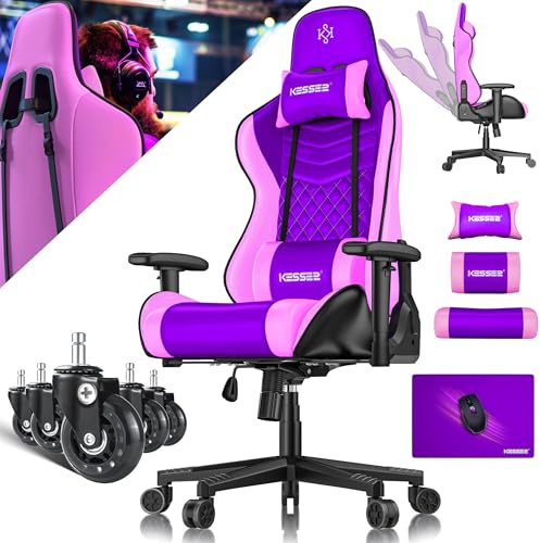KESSER® Gamingstuhl Ergonomisch Gaming Stuhl Bürostuhl mit Kopfstütze & Lendenkissen | Racing Gamer Stuhl 150kg belastbar | Armlehne 360° | Drehbarer Schreibtischstuhl Gaming Chair + Gummi-Rollen
