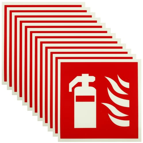 12 Stück Feuerlöscher Schild, 15 x 15 cm PVC Nachleuchtend Selbstklebende Aufkleber Feuerlöscher, Hinweisschild Feuerlöscher Aufkleber, Brandschutzzeichen, für Haus Büro Baustelle und Auto