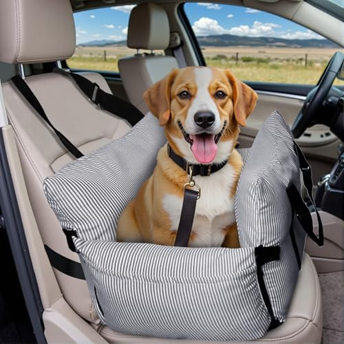 Hundesitz Auto für Kleine/Mittlere Hunde unter 18 kg, Tragbares Autositz Hund mit Sicherheitsgurt und Aufbewahrungstaschen, Waschbarer Hund Booster Autositz, Anti-Rutsch-Boden (Marinestreifen)